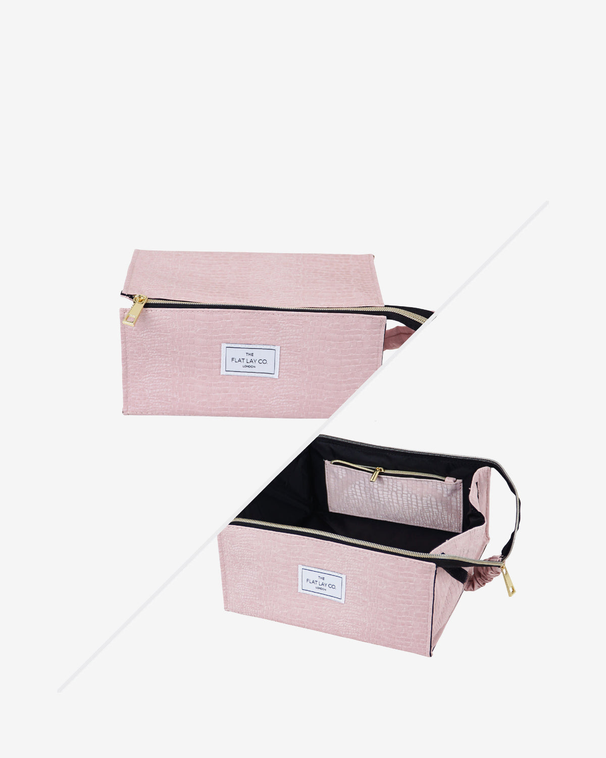 The Flat Lay Co. Open Flat Makeup Box Bag And Tray In Pink Croc