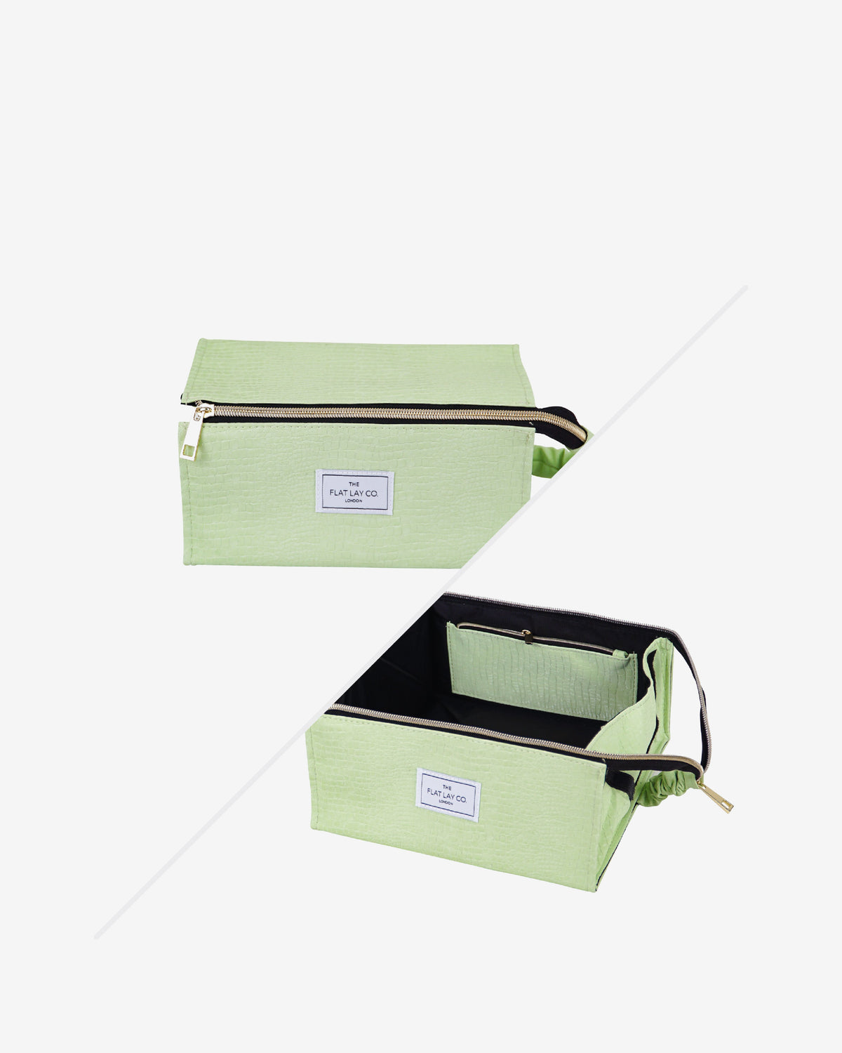 The Flat Lay Co. Open Flat Makeup Box Bag And Tray In Green Croc